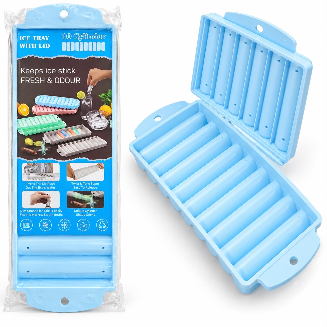 10 Cylinder Ice Tray with Lid 10 Cylinder Ice Tray with Lid – Long Ice Stick Maker Mould for Water Bottles, Juice & Cold Drinks - Image 1
