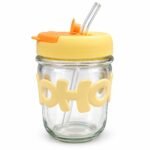 350ml Glass Straw Cup with Yellow Silicone Lid & Orange Flip Cover