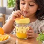 350ml Glass Straw Cup with Yellow Silicone Lid & Orange Flip Cover - Image 3
