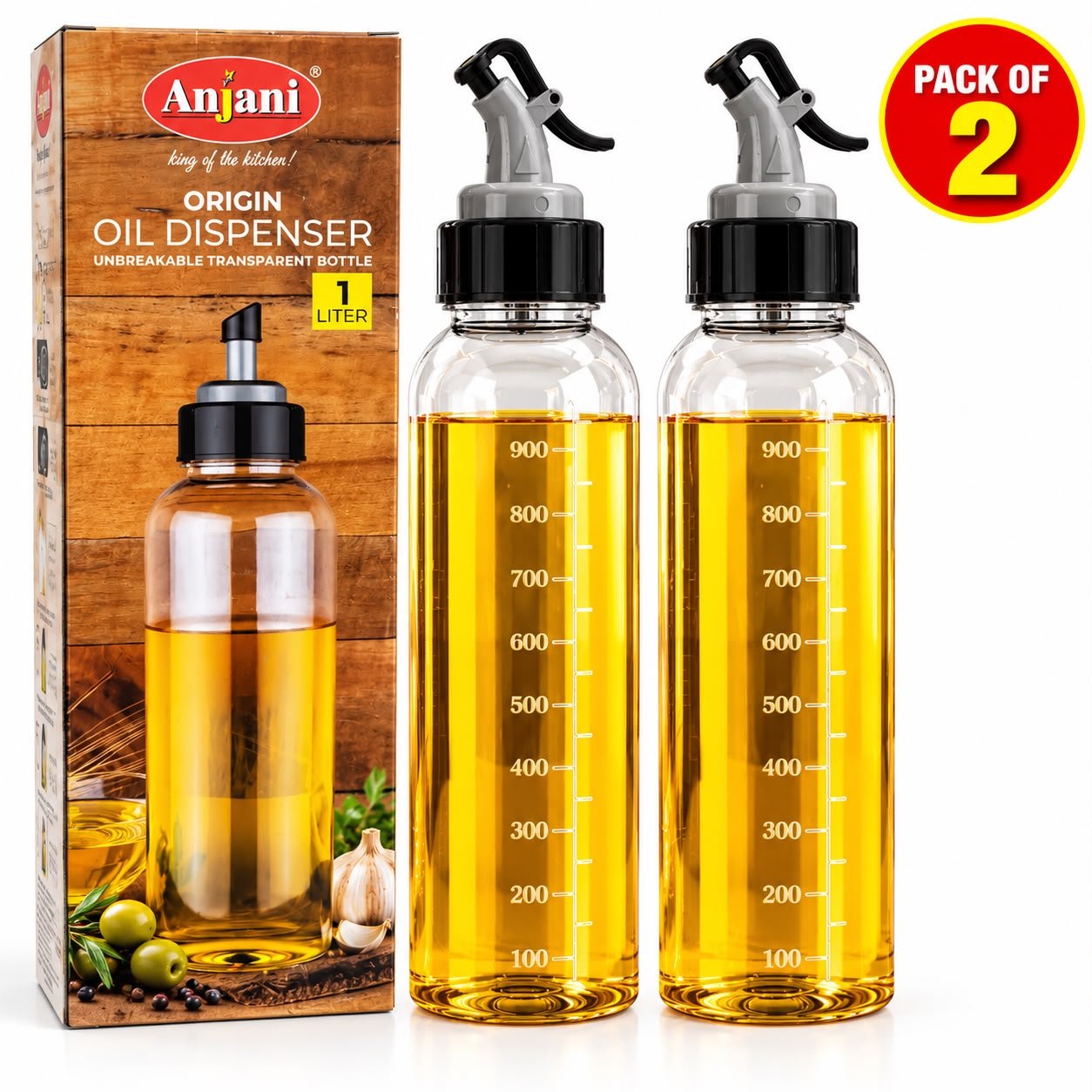 Anjani Origin Oil Dispenser Pack of 2 Anjani Origin Oil Dispenser Pack of 2 | 1 Litre Transparent Oil Bottles with Pump Dispenser & Measurement Markings - Image 1