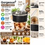 Gorgeous 400ml Glass Tumbler with Straw and Lid | Reusable Glass Coffee Cup with Stylish Black Sleeve - Image 2