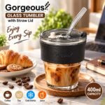 Gorgeous 400ml Glass Tumbler with Straw and Lid | Reusable Glass Coffee Cup with Stylish Black Sleeve - Image 3