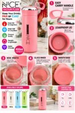 NICE 400ml Pink Glass Inner Vacuum Flask | Portable Hot & Cold Insulated Bottle with Carry Handle - Image 3