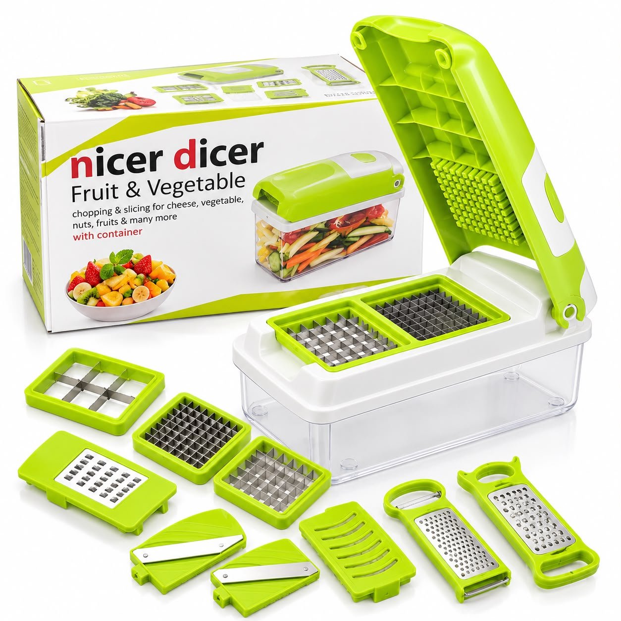 Nicer Dicer Fruit & Vegetable Chopper Set with Container Nicer Dicer Fruit & Vegetable Chopper Set with Container | 13 Blade Attachments, Slicer, Grater & Peeler - Image 1