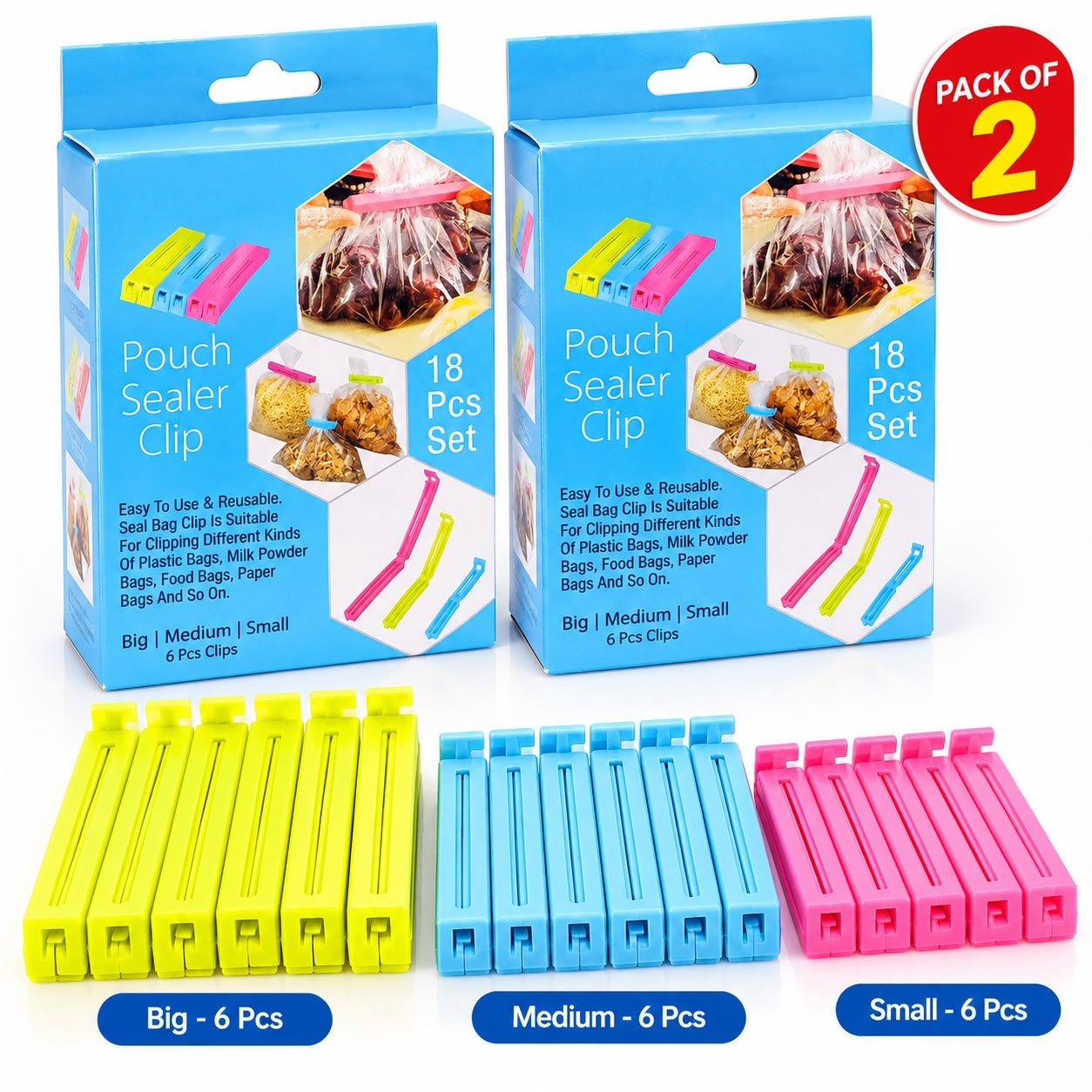 Pouch Sealer Clips Pack of 2 Pouch Sealer Clips Pack of 2 – 18 Pcs Reusable Food Storage Bag Clips in 3 Sizes - Image 1