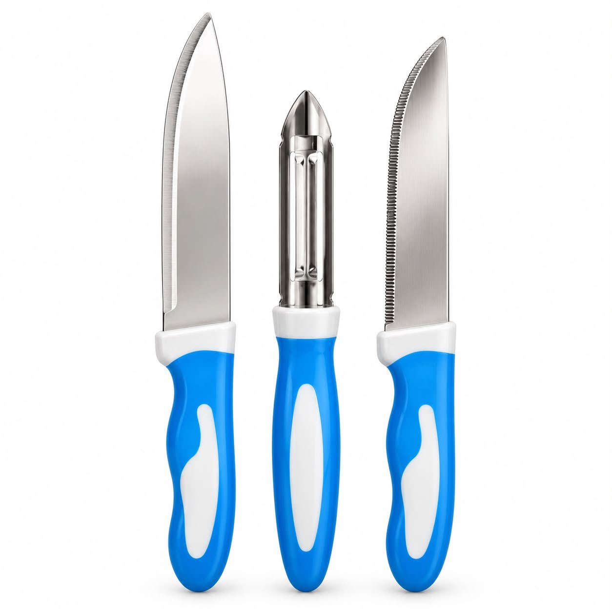 Set of 3 Piece Kitchen Knife & Vegetable Peeler Set Set of 3 Piece Kitchen Knife & Vegetable Peeler Set – Blue & White - Image 1