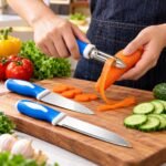 Set of 3 Piece Kitchen Knife & Vegetable Peeler Set – Blue & White - Image 3