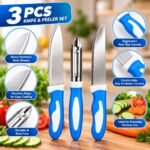 Set of 3 Piece Kitchen Knife & Vegetable Peeler Set – Blue & White - Image 4