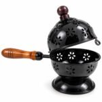 Traditional Black Metal Sambrani Dhani with Wooden Handle | Decorative Incense Burner for Pooja