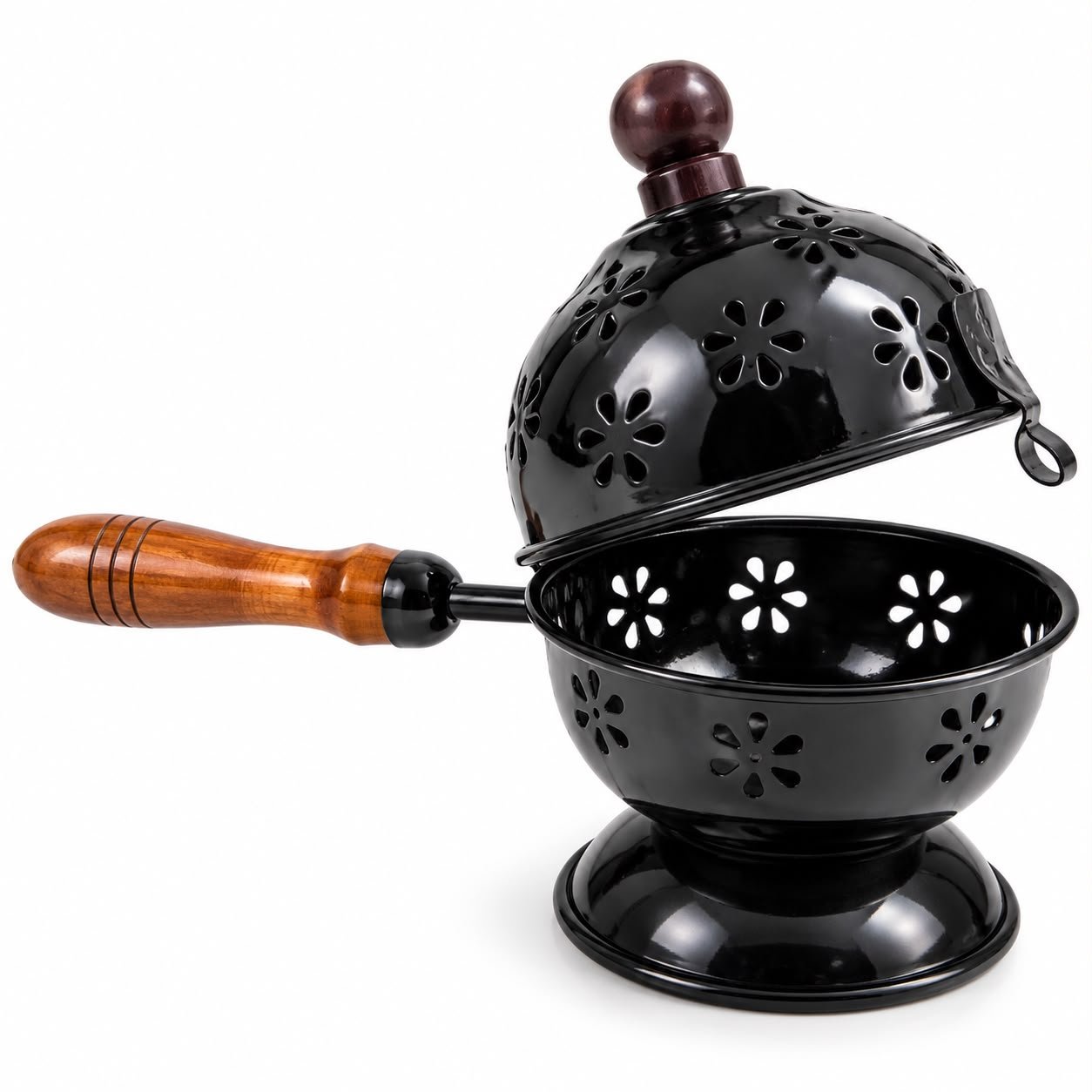 Traditional Black Metal Sambrani Dhani with Wooden Handle Traditional Black Metal Sambrani Dhani with Wooden Handle | Decorative Incense Burner for Pooja - Image 1