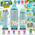 3-in-1 Motivational Water Bottle Set with Flip Lid, Secure Lock & Carry Strap – Aqua Green - Image 6