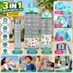 3-in-1 Motivational Water Bottle Set with Flip Lid, Secure Lock & Carry Strap – Aqua Green - Image 5