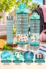 3-in-1 Motivational Water Bottle Set with Flip Lid, Secure Lock & Carry Strap – Aqua Green - Image 4