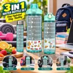 3-in-1 Motivational Water Bottle Set with Flip Lid, Secure Lock & Carry Strap – Aqua Green - Image 3