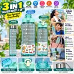 3-in-1 Motivational Water Bottle Set with Flip Lid, Secure Lock & Carry Strap – Aqua Green - Image 2